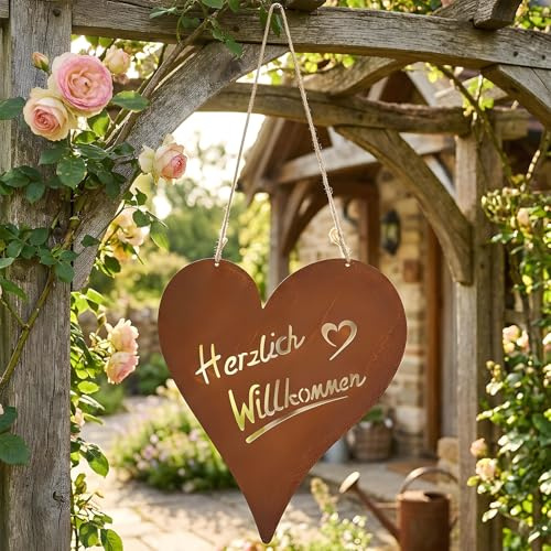 Schild Herzlich Willkommen Herz 18x20cm Garten-Deko Türschild Edelrost Wandbild Gartenschild Rostdeko Deko-Hänger