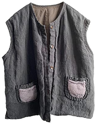 NFYM Damen Leinenweste Dünn Gesteppt Mittellange Button Down Ärmellose Jacke mit handgewebten Taschen