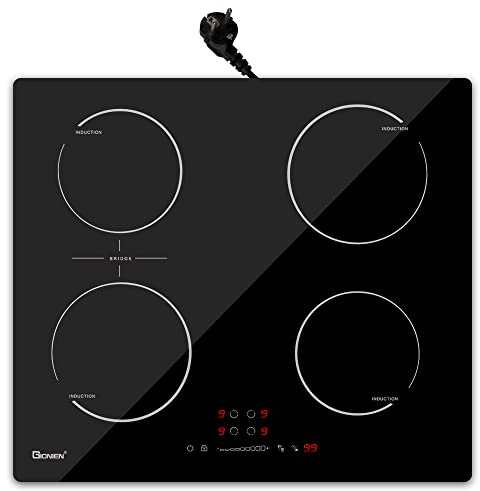 GIONIEN Induktionskochfeld mit Stecker 60cm 16Amp,Integriertes Elektrokochfeld Plug in mit Brückenzone, 4 Kochstellen Herd,2800W,GITS470SPVDE