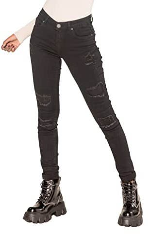 Nina Carter P100 Damen Skinny Fit Low Waist Jeanshosen mit Destroyed-Effekten Used-Look Jeans Waschungseffekt