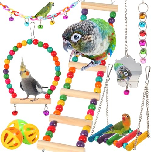 YIXUND Vogelspielzeug für Sittiche, Papageien, Nymphensittiche, Liebesvögel, Finken, Mynah, Wellensittich, 9 Stück Holzleiterbrücke, Schaukel, Hängematte