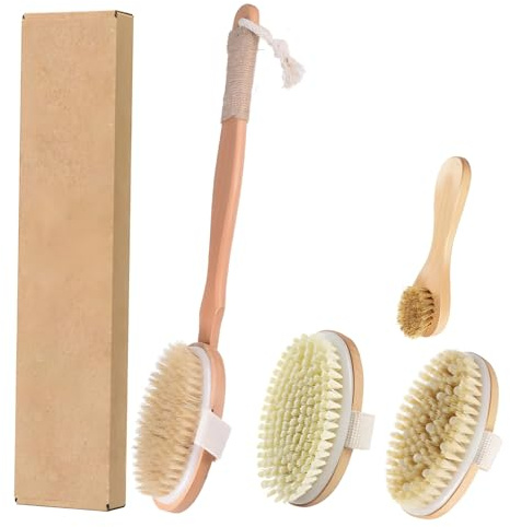 Vestamore 5-teiliges Trockenbürsten-Set, Peeling, mit natürlichen Wildschweinborsten, inklusive Gesichtsbürste, langer Griff, Rückenschrubber für Cellulite und Lymphdrainage
