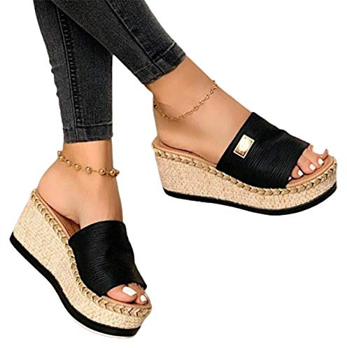 Damen Sandalen, Casual Damen Sommer Wedge Peep Toe High Heel Plattform Pantoletten Anti-Rutsch-Sandalen Schwarz 38