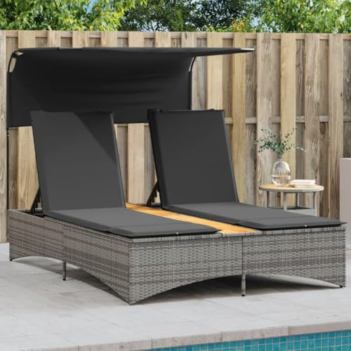 Somanki Doppel-Sonnenliege mit Dach und Auflagen Grau Poly Rattan, Gartenliege, Liegestuhl, Sonnenstuhl, Sonneninsel Outdoor, Liegen, Gartenmöbel, Bäderliege, Relaxliege - 365622