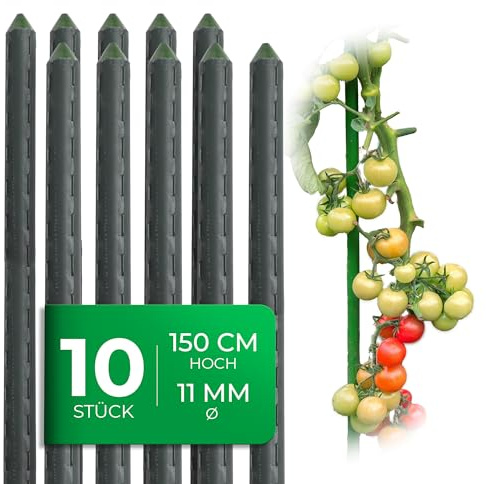 Novatool 10 Stück Pflanzstäbe 150cm grün 11mm ⌀ Metallrohr kunststoffummantelt Rankstäbe für Pflanzen Rankhilfe Gurken Tomatenstäbe für Kletterpflanzen Blumenhalter Rankstab Pflanzstab 150 cm