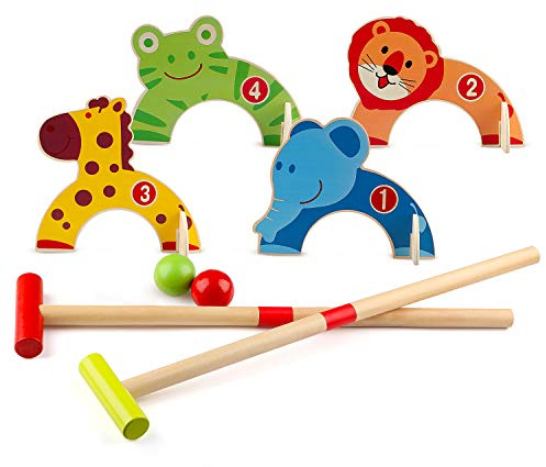 Wondertoys Holz Tiere Krocket Set Golfspielzeug mit 2 Bällen Early Educational Game Geschenk für Kinder