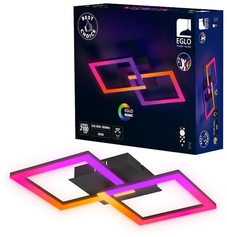 EGLO LED Deckenleuchte RGBIC, geometrische Deckenlampe mit Lichteffekten, Gaming Zimmer und Party Deko, Deckenbeleuchtung mit Fernbedienung, warmweiß und RGB, Metall in Schwarz