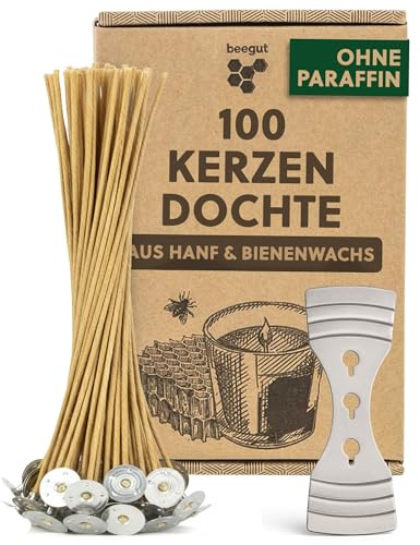 beegut 100 nachhaltige Kerzendochte für Kerzen (10 cm) aus Hanf & natürlichem Bienenwachs, ohne Paraffin, rußfrei, im praktischen Kerzendocht Set mit Docht Halter – ideal zum Kerzen Selber Machen