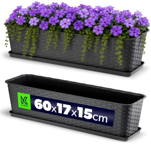KADAX Blumenkasten 60 cm, ca. 12L Anthrazit mit Untersetzer, Rattan-Optik – Pflanzkübel für Balkon oder Terrasse, robuster Balkonkasten