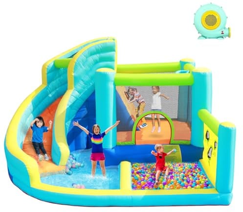 FBSPORT Hüpfburg mit Gebläse, Wasserspielcenter mit Trocken/Wasserrutsche Planschbecken Kletterwand Sprung und Basketballkorb, Groß Hüpfburg for Indoor & Outdoor, Hält bis zu 5 Kinder/180KG
