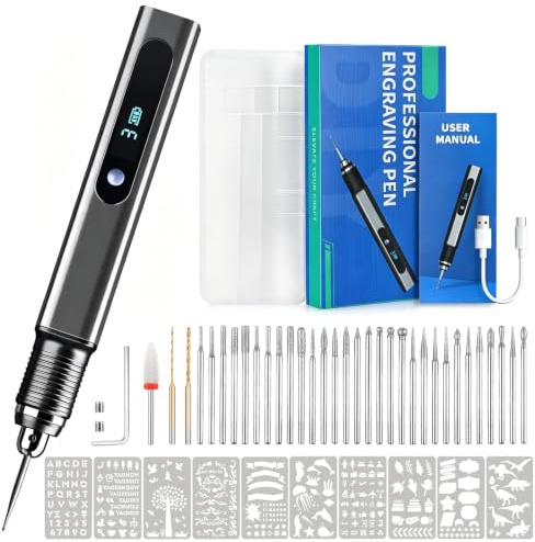 Cykelith Gravierstift Kit Wiederaufladierbar Tragbar Multifunktionswerkzeug Mini Graveur mit 33 Bits 10 Schablonen Zu 21000 U/min Gravurwerkzeug für Schmuck, Holz, Glas, Metall, Kunststoff, Stein,DIY