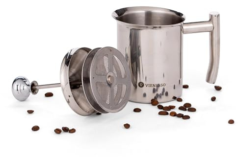 VIENESSO Milchaufschäumer Manuell Edelstahl - Milchschäumer, Hand Frother | Mit Doppel-Mesh-Sieb, 400 ml, spülmaschinenfest- cremiger Milchschaum für Cappuccino und Latte, auch für Gasherd und Camping