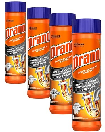 Mr Muscle Drano Power-Granulat Rohrfrei Abflussreiniger, entfernt Fettrückstände und unangenehme Gerüche, 10 Anwendungen, 4er Pack (500g)