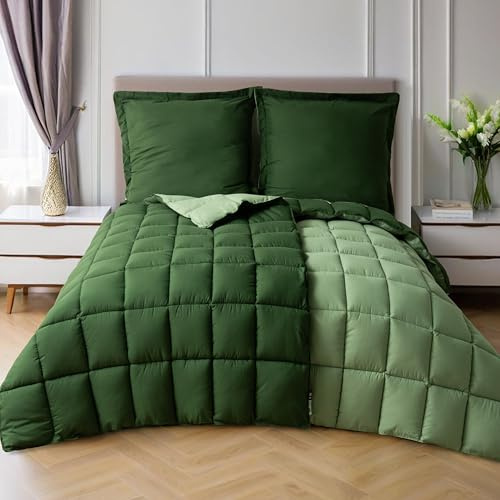 HIG Bettdecken-Set 4-teilig mit 2X Steppdecke 135x200 cm und 2X Kissenbezügen 80x80 cm – Oeko-TEX zertifizierte, kastenförmig genähte Daunenalternative in Grün, mit 1300g Füllung (300 GSM)