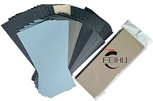 FEIHU Schleifpapier Set, Körnung von 120/180/240/320 bis 7000/8000/10000, Wasserfest Nass & Trocken für automatisiertes Schleifen, epoxidharz, Holz, Stein, Lack, Metall,Autos,9 x 3.6 Zoll(51 Stück)