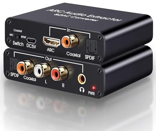 UNSTINCER HDMI ARC Audio Extraktor +192 KHz DAC Konverter 2.0/5.1, HDMI Digital Optical Spdif Toslink Coaxial zu Optisch Koaxial Analog Aux RCA 3,5mm, DA Wandler für DVD TV HDTV Blu-ray(ohne decoder)