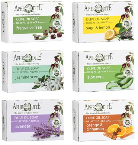 Aphrodite Olivenöl-Seifen-Set 6er – Naturseifen mit 100% griechischem Olivenöl (Duftfrei, Salbei & Zitrone, Jasmin, Aloe Vera, Lavendel, Orange & Zimt) – Hand- & Körperseife