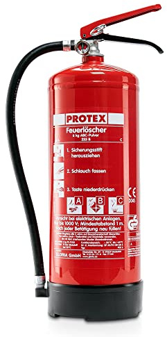 Pulver-Feuerlöscher – Protex Pulverfeuerlöscher – 6 Liter - für die Brandklassen ABC – Zertifiziert nach DIN EN 3 und CE – je 9,5 kg – mit praktischer Halterung – mit Prüfplakette - Made in EU