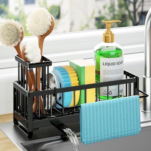 HapiRm Spülbecken Organizer Küchen Schwammhalter - Selbstentleerender Spüle Organizer mit Bürstenhalter und Geschirrtuchhalter, Edelstahl Spülmittel Organizer für die küche aufbewahrung & organisation