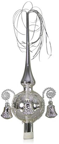 Lauschaer Glas Weihnachtsbaumspitze mit Formglöckchen Silber, umsponnen L ca. 28cm d(Kugel) 7cm Christbaumschmuckspitze mundgeblasen,handdekoriert,Leonischer Draht