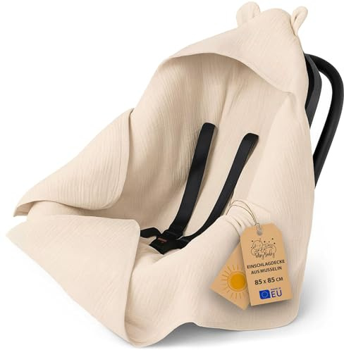 Musselin Einschlagdecke Babyschale Baby Decke 85x85 cm - Atmungsaktive Sommerdecke Blanket für Kinderwagen und Autositz für Neugeborenen und Kleinkinder Oeko-Tex Hellbeige