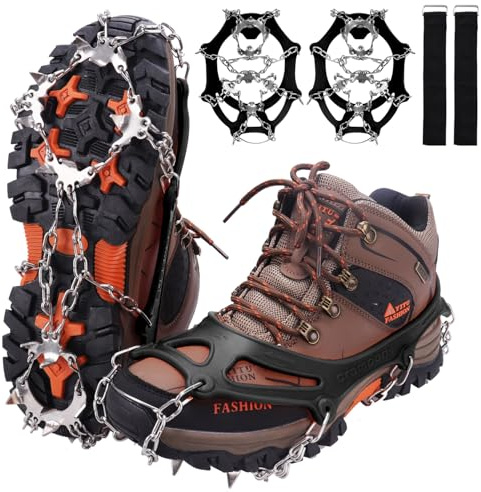 WIN.MAX Steigeisen Grödel Eisspikes, Schuhkrallen mit19 Edelstahl Zähne Spikes Schuhkrallen Grödeln Eisspikes für Klettern Bergsteigen Trekking High Altitude Winter Outdoor (Schwarz, M)