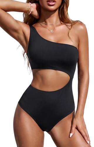 Einteiliger Damen-Badeanzug, Einschulter-Badeanzug, Cutout, Bauchkontrolle, Bademode, Schwarz, Medium