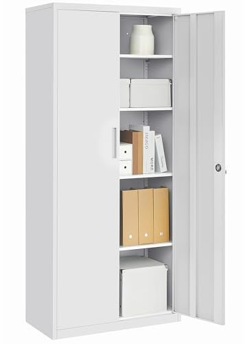 SONGMICS Aktenschrank, Mehrzweckschrank, Stahl-Aufbewahrungsschrank, 5 Ebenen, Doppeltüren, Schloss, Werkzeugschrank, verstellbare Ablagen, Garage, Büro, Wohnzimmer, grau OMC015G01