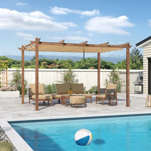 PURPLE LEAF Pergola 3 נ4 m Holzoptik Alu mit Schiebedach UV-Schutz, Beige