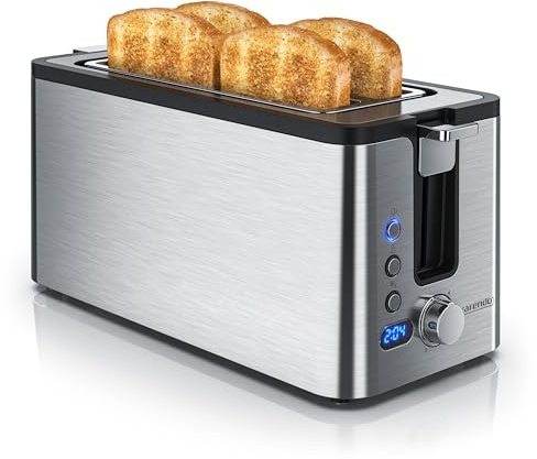 Arendo - Edelstahl Toaster Langschlitz 4 Scheiben - Defrost Funktion - wärmeisolierendes Gehäuse - mit integriertem Brötchenaufsatz - 1400W - Krümelschublade - Display mit Restzeitanzeige - Silber