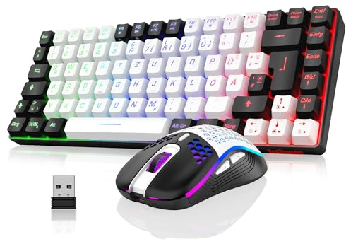 RedThunder 75% Kabelloses Gaming Tastatur und Maus Set, DE TKL Layout, 85 Tasten, Wiederaufladbar Kompakt, Ultraleicht 7200DPI-Maus mit Honeycomb Konstruktion für PC Mac PS5 Xbox Gamer (Weiß-Schwarz)