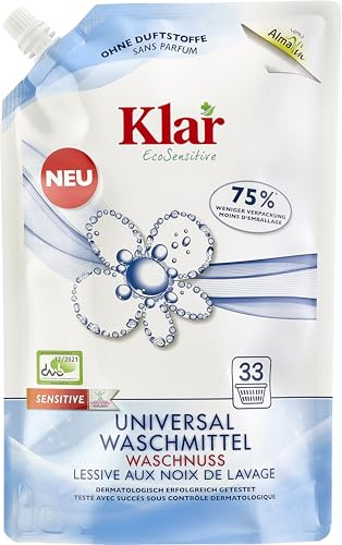 Klar eco Sensitive Universalwaschmittel Waschnuss Nachfüllbeutel 2x1,5l, ohne Duft, 33 Waschladungen, für Allergiker, vegan