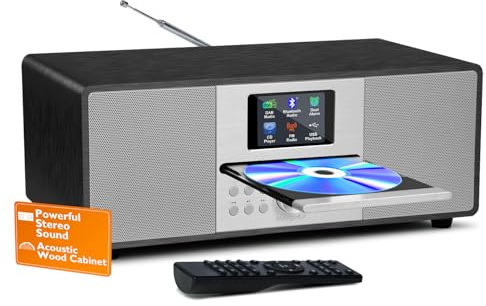 MangoKit MS4 CD-Player,DAB Radio HiFi-System,Bluetooth,Stereo,Schwarz | Peak 100W Lautsprecher, akustisches Holzgehäuse, 40 Speicherplätze, 2,4-Zoll-Farbdisplay, Fernbedienung, EQ, Doppelalarm