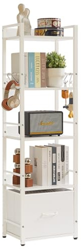 Aibiju Leiterregal, Bücherregal, 5-stufiges Bücherregal mit Schublade, Pflanzenständer, Wohnzimmer-Bücherregale für Wohnzimmer, Schlafzimmer, Küche, Stahlrahmen, Weiß YD-BC001W