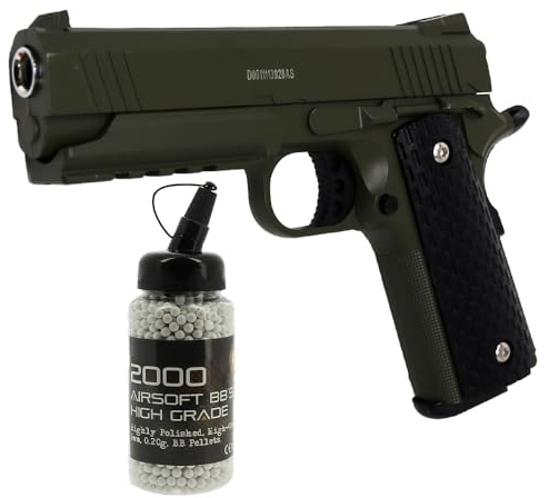 Set: Softair Pistole 19Eleven Vollmetall 0,5 Jule 6 mm BB Federdruck Softair + G8DS® Softair Munition Bio BBS Premium Selection 2000 Stück 0,20 g 6mm (Grün, 1)