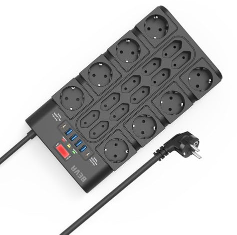 18 Fach Steckdosenleiste 3680W/16A mit 2100J Überspannungsschutz +2M Kabel, BEVA Mehrfachsteckdose mit 2 USB-C (15W)+ 4 USB-A, Mehrfachstecker mit Schalter, Steckdose für Büro, zu Hause
