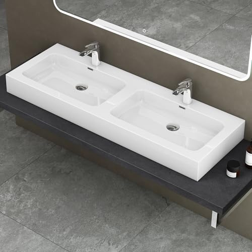doporro Doppelwaschbecken Waschbecken BTH: 140x48x13 cm Partner-Waschbecken aus Gussmarmor Weiß (Hochglanz) Colossum830