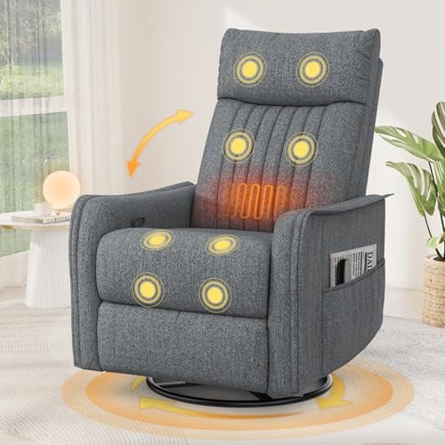Srfzluxy Fernsehsessel Massagesessel mit Liegefunktion, Relaxsessel mit Wärme und Massage, 360°Drehbarer TV Sessel Wohnzimmer, Schaukelstuhl mit Gepolsterte Kopfstütze, 2 Seitentaschen
