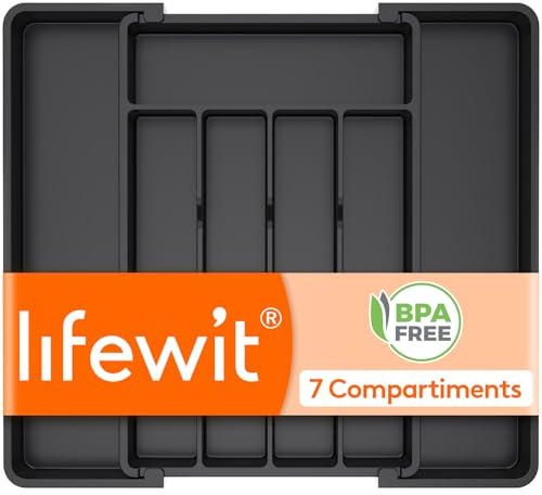 Lifewit Besteckkasten für Schubladen 40 50, verstellbarer Kunststoff Organizer Küche Tiefe 35 cm, Besteckeinsatz 5-7 Fächer, erweiterbar bis 41 cm, für Löffel, Gabeln und Geschirr, Schwarz