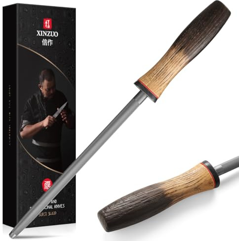 XINZUO Wetzstahl 36,8cm Schleifstab Hartverchromter hochkohlenstoffhaltiger Stahl -Profi Messerschärfer Wetzstab -für versch Küchemesser schleifen -Ergonomischer Griff aus Weißeiche