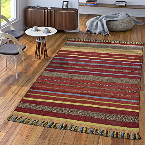 TT Home Handwebteppich Wohnzimmer Natur Webteppich Kelim Baumwolle Streifen Mehrfarbig, Größe:240x340 cm