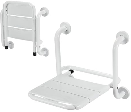 Izrielar Wandmontage Duschsitz Klappbarer, Duschstuhl Duschklappsitz bis 120kg, Badestuhl Duschhocker, Badhocker Wandklappstuhl für Senioren Kinder, Weiß