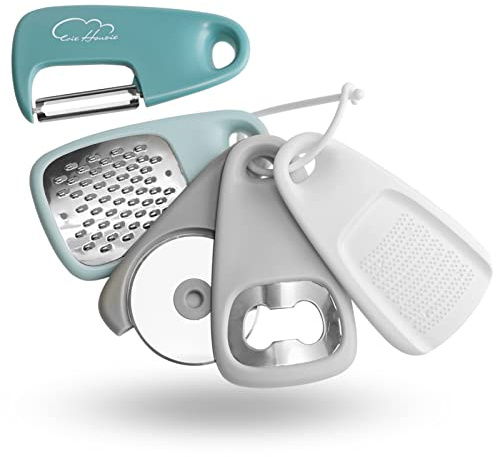 5‑teiliges Küchenhelfer Set aus Edelstahl, Spülmaschinenfest, Blau | Schäler, Reibe, Pizzaschneider, Flaschenöffner, Knoblauch‑Ingwer Mühle für Camping, Wohnmobil und Haushalt