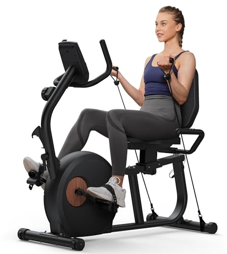 MERACH Liegeergometer für Zuhause mit Widerstandsbändern, leiser Heimtrainer Fahrrad mit 8-stufigem Magnetwiderstand, App-kompatibel, LCD-Display, Herzfrequenzsensoren, verstellbare Rückenlehne