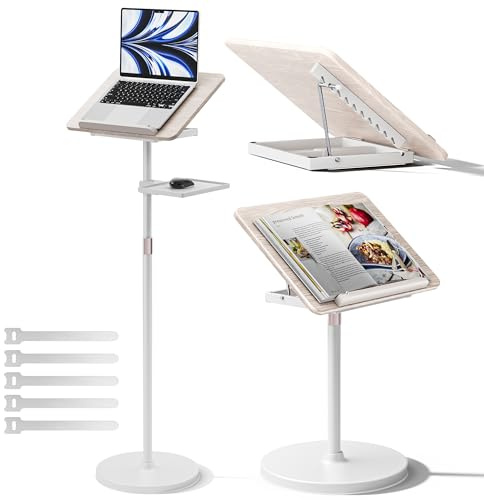 2-in-1 Verstellbarer Buchständer - Dual-Use Boden- und Tisch-Buchhalter, Höhenverstellbar 60 cm bis 132 cm, Elastische Seite Clips für Musikblatt, Rezept, Tablet, Laptop-Weiß