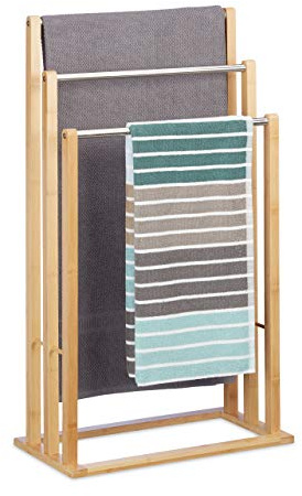 Relaxdays Handtuchhalter stehend mit 3 Handtuchstangen, Handtuchständer 3-armig für Bad, Bambus, HBT: 84x48x26 cm, Natur