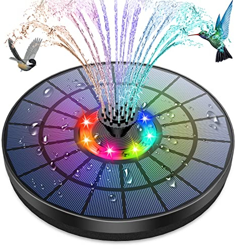 AMZtime Buntes LED Solar Springbrunnen für Außen 5.5W Solar Panel Durchmesser 21cm Solarbrunnen für Draussen mit 7 Effekte Solar Teichpumpe Solarpumpe Solar Springbrunnen für Garten teich VogelBad