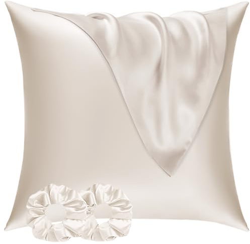 Vielit Satin Kissenbezug 80x80 2pc, wie EIN Seidenkissenbezug Beige | Satin Pillowcase Hotelverschluss mit 2 Scrunchies, Glatt wie Silk Pillowcase, Gut für Haar und Haut，Öko-Zertifikat, Geschenk