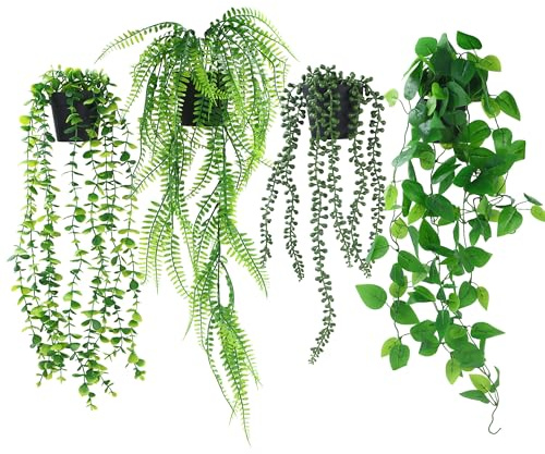 Künstliche Pflanzen Hängepflanze 4 Stück Künstlich Kunstpflanze Hängend mit Topf, Fake Eukalyptus Plant, Boston-Farnen, Perlenkette, Künstliche Pflanzen für Wohnzimmer, Wand Deko Aesthetic Room Decor