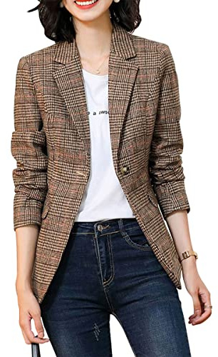 Leyoutx Damen-Blazer, kariert, klassische Reversknöpfe, lange Ärmel, schmale Karo-Jacke, Oberbekleidung
